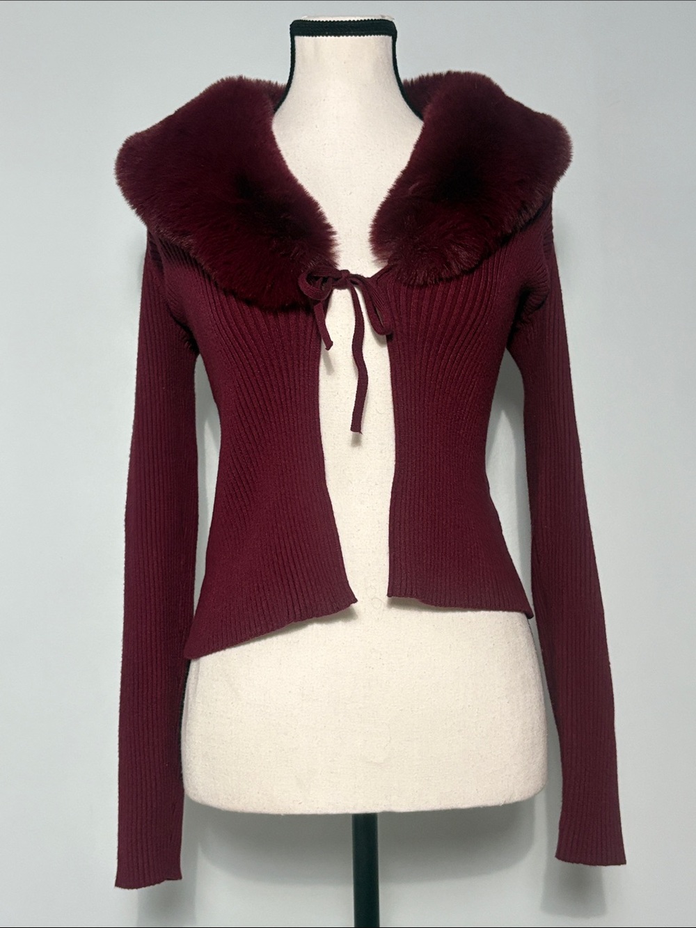 DraperJames RSVP BurgundyTie-Front Cardigan/Detachable Faux Fur Collar. Size-XS